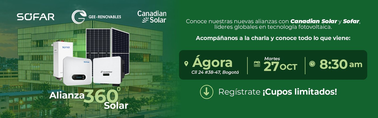 Alianza 360° Solar: GEE-Renovables con Canadian Solar y Sofar. Charla en Ágora Bogotá, martes 27 de octubre, 8:30 a. m.