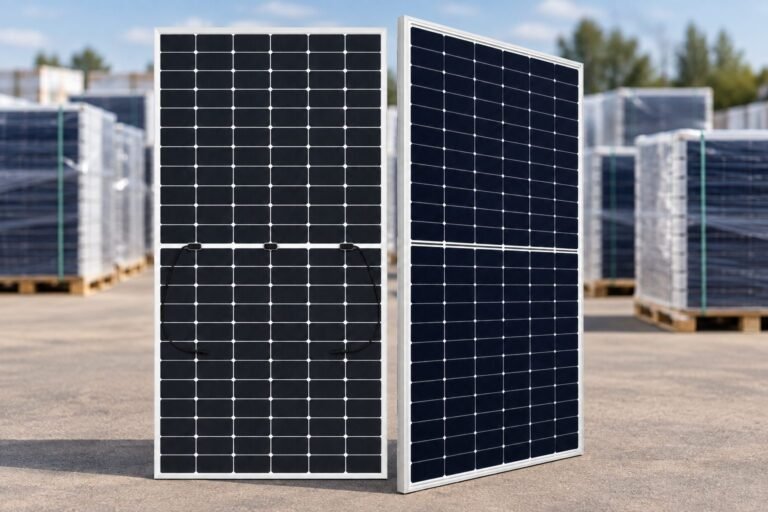 Panel solar bifacial visto por detrás junto a un panel monofacial visto de frente