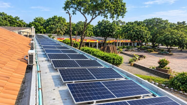 Paneles solares instalados sobre la cubierta de un edificio junto a zonas verdes