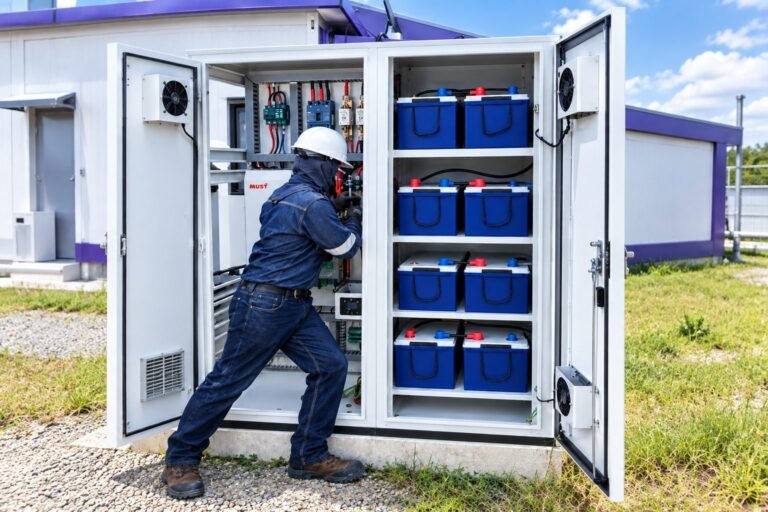 Técnico revisando el gabinete de baterías e inversor de un sistema solar