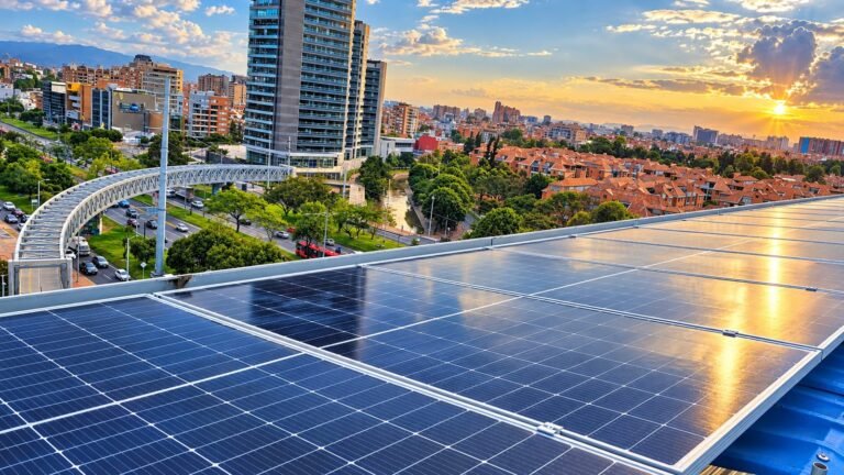 Paneles solares sobre estructura tipo pérgola en la cubierta del edificio de oficinas de Grupo Seratta en Bogotá